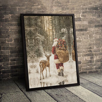 Winter Wonderland Canvas Print, Santa Claus with Reindeer Canvas Wall Art, Snowy Forest Holiday Wall Canvas, Christmas Home Decor Present