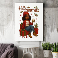 Comfy Coffee Holiday Canvas Print, Hello Christmas Black Girl Canvas Wall Art, Festive Winter Woman Canvas Decor, Xmas Present