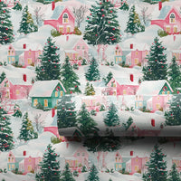 Watercolor Holiday Gift Wrap, Pastel Winter Village Christmas Wrapping Paper, Pink Green Christmas Tree Wrap, Comfy Snowy Village Present Paper