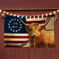 Highland Cow American Flag House Flag | 250 Years Strong 1776-2026 Patriotic Design | Double-Sided Polyester | Farmhouse Outdoor Decor