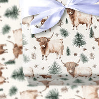 Rustic Winter Calf Gift Wrap, Highland Cow Christmas Wrapping Paper, Farmhouse Pine Tree Wrapping Paper, Watercolor Cow Holiday Gift Wrap