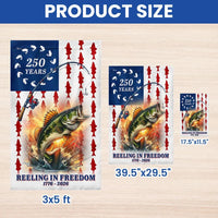 Bass Fishing Garden Flag | 250 Years Reeling in Freedom Patriotic Design | Double-Sided Polyester | Americana Outdoor Decor for Anglers
