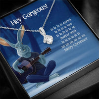 Ribbon Pendant, Rabbit Guitarist Holiday Necklace, 14k White Gold Over Stainless Steel Necklace, Humorous Ex-Girlfriend Christmas Jewelry Present
