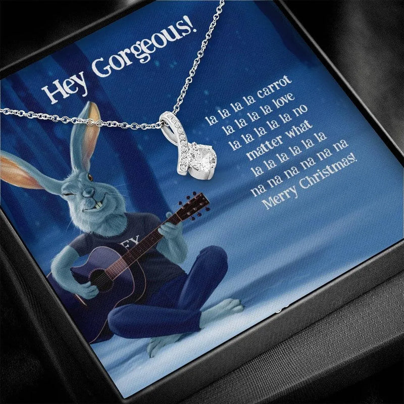 Ribbon Pendant, Rabbit Guitarist Holiday Necklace, 14k White Gold Over Stainless Steel Necklace, Humorous Ex-Girlfriend Christmas Jewelry Present