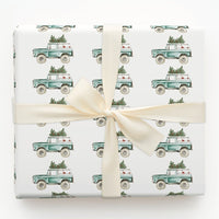 Christmas Tree Truck Gift Wrap, Vintage Teal SUV Wrapping Paper, Watercolor Bronco Holiday Wrapping Paper, Retro Winter Car Gift Wrap Roll