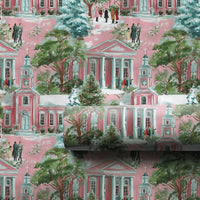 Snowy Winter Village Gift Wrap, Pink Christmas Wrapping Paper, Pastel Church Town Wrapping Paper, Retro Holiday Present Gift Wrap Roll