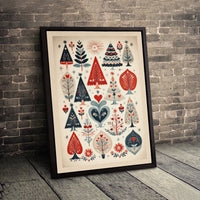 Vintage Folk Art Canvas Print, Scandinavian Christmas Tree Canvas Wall Art, Nordic Winter Holiday Canvas, Rustic Christmas Wall Art Decor