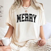 Retro Distressed Varsity Lettering Tee, Merry Christmas T-Shirt, Vintage Holiday Graphic Shirt, Comfy Xmas Aesthetic Present for Women and Men