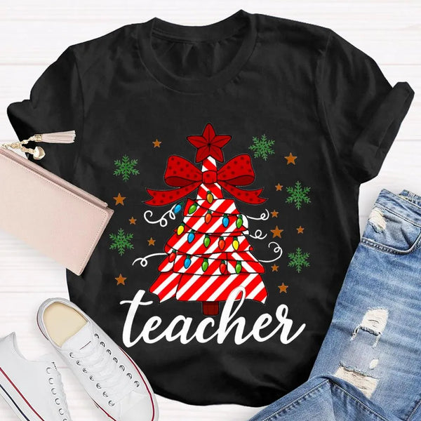 Bow Christmas Tree Colorful Lights Graphic Tee, Teacher Christmas T-Shirt, Festive Holiday Educator Shirt, Xmas Present