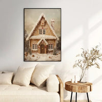 Vintage Winter Holiday Snow Poster, Gingerbread House Christmas Wall Art, Comfy Festive Christmas Cottage Print, Xmas Decor, Digital Download