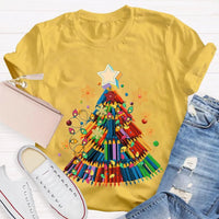 Crayon Christmas Tree Shirt, Art Teacher Christmas T-Shirt, Colorful Art Educator Holiday Graphic Tee, Snowflakes Lights Teacher Present