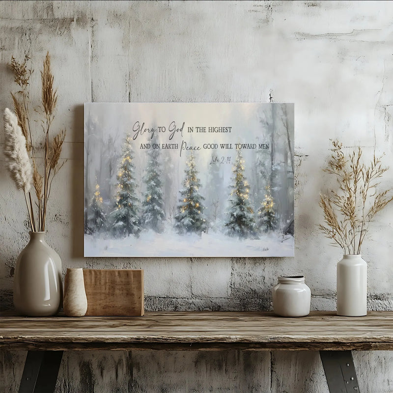 Glory to God Winter Forest Canvas Print, Luke 2:14 Christmas Wall Art, Bible Scripture Holiday Poster, Printable Art, Digital Download Print