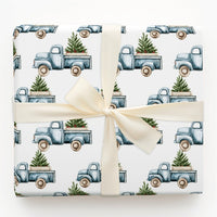 Farmhouse Christmas Truck Gift Wrap, Vintage Blue Truck Wrapping Paper, Rustic Tree Truck Wrapping Paper, Country Holiday Present Wrap