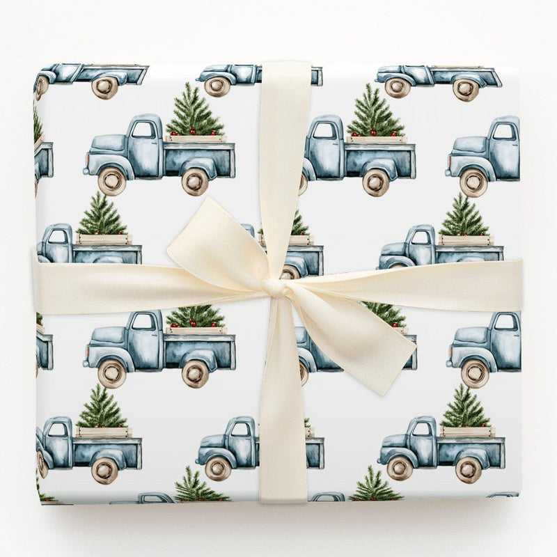 Farmhouse Christmas Truck Gift Wrap, Vintage Blue Truck Wrapping Paper, Rustic Tree Truck Wrapping Paper, Country Holiday Present Wrap