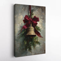 Vintage Gold Bell Evergreen Red Bow Canvas Print, Christmas Bell Canvas Wall Art, Traditional Holiday Canvas Decor, Digital Download