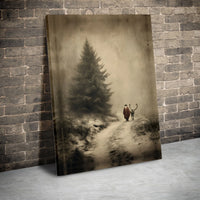 Winter Forest Canvas Print, Vintage Santa Claus with Reindeer Canvas Wall Art, Holiday Christmas Canvas Decor, Rustic Xmas Wall Art Present