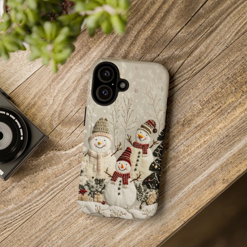Winter Holiday iPhone 16 Pro Max Case, Snowman Family Phone Case, Festive Christmas Season Dual Layer Cover, Holiday Present