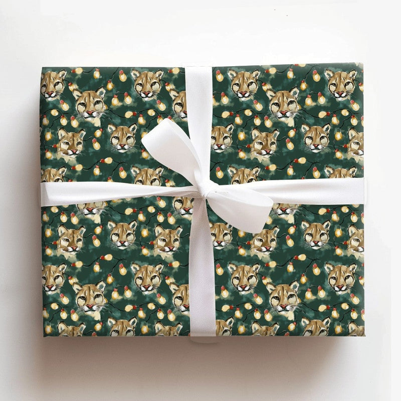 Mountain Lion Holiday Gift Wrap, Cougar Christmas Lights Wrapping Paper, Festive Cougar Paper Roll, Wildlife Animal Christmas Wrapping Paper