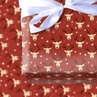 Cartoon Deer Holiday Gift Wrap, Adorable Reindeer Wrapping Paper, Red Christmas Wrapping Paper, Festive Star Gift Wrap Roll, Xmas Present Paper