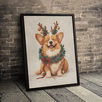 Holiday Puppy Reindeer Antlers Canvas Print, Christmas Corgi Canvas Wall Art, Adorable Dog Winter Wall Decor, Festive Xmas Dog Lover Canvas