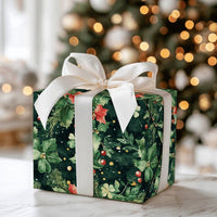 Pine Holly Christmas Gift Wrap, Watercolor Poinsettia Wrapping Paper, Botanical Winter Wrapping Paper, Traditional Holiday Wrapping Paper