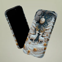 3D Relief Snowy Forest Moonlit Phone Cover, Winter Reindeer iPhone Case, Dual Layer Tough Phone Case, Christmas Holiday Present for Her