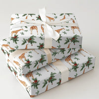 Watercolor Safari Gift Wrap, Christmas Giraffe Wrapping Paper, Holly Berries Wrapping Paper Roll, Holiday Animal Gift Wrap