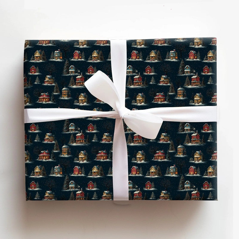 Starry Winter Gift Wrap, Snowy Village Night Wrapping Paper, Comfy Christmas Village Wrapping Paper, Holiday Cottage Wrapping Paper Roll