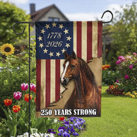 Patriotic Horse Garden Flag | 250 Years Strong 1776-2026 USA | Double-Sided Weather Resistant Polyester | Rustic American Heritage Outdoor Yard Decor Gift