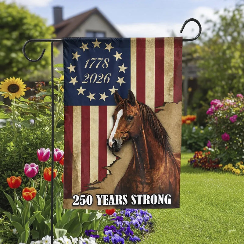 Patriotic Horse Garden Flag | 250 Years Strong 1776-2026 USA | Double-Sided Weather Resistant Polyester | Rustic American Heritage Outdoor Yard Decor Gift