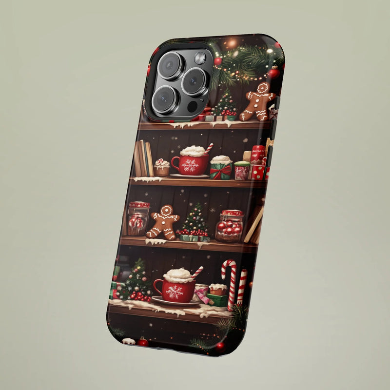 Comfy Gingerbread Hot Cocoa Holiday iPhone Case, Christmas Bookshelf Phone Case, Candy Cane Winter Phone Cover, Bookish Present