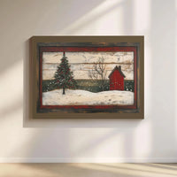 Snowy Christmas Tree Canvas Print, Rustic Red Barn Winter Canvas Art, Farmhouse Holiday Wall Decor, Winter Landscape Canvas Wall Art Present