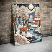 Snowy Forest Cabin Landscape Canvas Print, Winter Reindeer Canvas Wall Art, Rustic Christmas Holiday Canvas Decor, Comfy Living Room Artwork