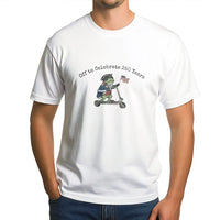 Patriotic Frog T-Shirt | Celebrate 250 Years Cartoon Frog on Scooter with American Flag | Soft Breathable Cotton | Gift for Americana Lovers