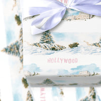 Snowy California Gift Wrap, Hollywood Hills Christmas Wrapping Paper, Watercolor Los Angeles Wrapping Paper, Holiday Movie Fan Gift Wrap