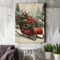 Rustic Red Sled Snowy Pine Canvas, Vintage Christmas Sleigh Canvas Wall Art Print, Festive Holiday Farmhouse Digital Download Decor