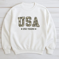 Camo USA Sweatshirt | 250 Years Patriotic Americana Design | Soft Cotton Polyester Blend | Gift for Veterans and Outdoor Enthusiasts