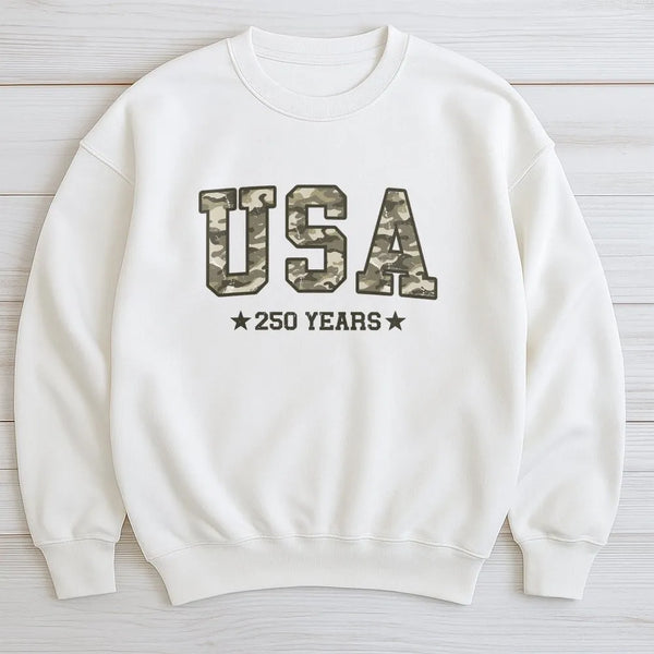Camo USA Sweatshirt | 250 Years Patriotic Americana Design | Soft Cotton Polyester Blend | Gift for Veterans and Outdoor Enthusiasts