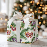 Venetian Mask Holiday Gift Wrap, Christmas Masquerade Wrapping Paper, Watercolor Festive Pine Gift Wrap, Winter Party Gift Wrapping Paper