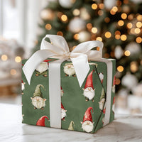 Dark Green Christmas Gift Wrap Roll, Scandinavian Gnome Wrapping Paper, Adorable Nisse Holiday Present Paper