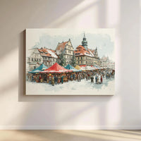 Watercolor Snowy Town Square Print, Christmas Market Canvas Wall Art, European Holiday Canvas Decor, Winter Wall Art