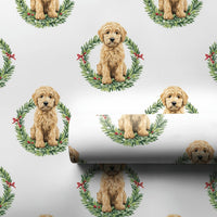 Dog Wreath Holiday Gift Wrap, Goldendoodle Christmas Wrapping Paper, Adorable Puppy Christmas Wrapping Paper, Dog Lover Gift Wrap Roll