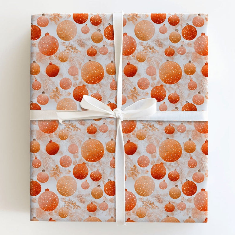 Festive Bauble Holiday Wrapping Paper, Orange Ornament Christmas Wrapping Paper, Pine Branch Wrapping Paper, Elegant Seasonal Gift Wrap