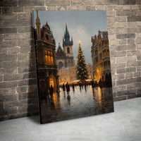 Snowy Old Town Square Canvas Print, Prague Christmas Market Canvas Wall Art, Vintage European City Canvas, Festive Holiday Home Decor Present