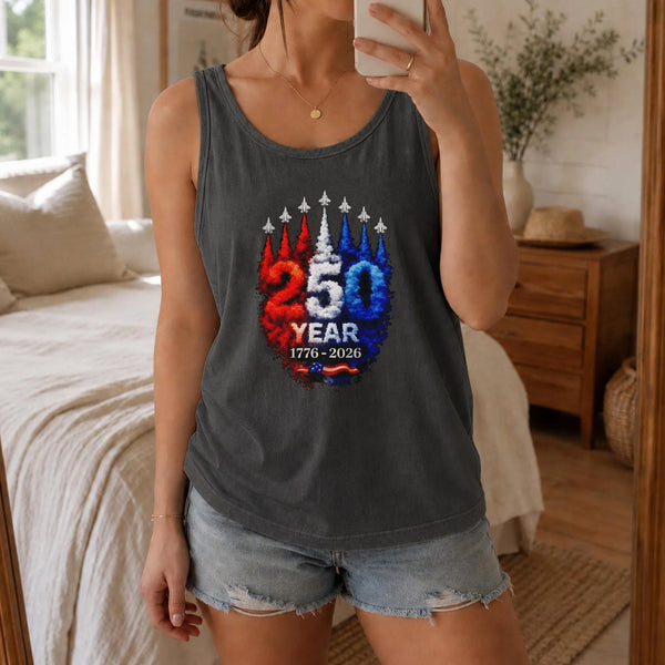 Patriotic Jet Flag Tank Top | 250 Years Freedom 1776-2026 Anniversary Graphic | Soft Breathable Unisex Sleeveless Top | Gift for Americana Fans