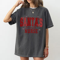 Festive Red Checkerboard Graphic Tee, Santa's Favorite Nurse T-Shirt, Humorous Christmas RN Nursing Student Shirt, Xmas Hospital Tee