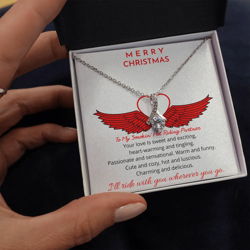 Sparkly Ribbon Pendant Necklace, Riding Partner Necklace, Romantic Biker Girlfriend Jewelry, Christmas Wife Necklace, Cubic Zirconia Present
