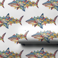Humorous Holiday Lights Gift Wrap, Christmas Shark Wrapping Paper, Great White Shark Xmas Wrapping Paper, Ocean Animal Holiday Wrapping Paper
