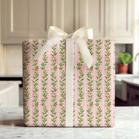Watercolor Holly Berry Gift Wrap, Pink Christmas Wrapping Paper, Pink Striped Holiday Present Paper, Festive Vine Christmas Wrapping Paper