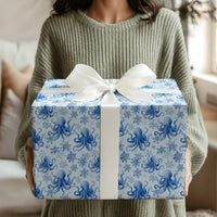 Coastal Christmas Wrapping Paper, Blue Octopus Wrapping Paper, Watercolor Snowflake Holiday Wrapping Paper, Ocean Lover Gift Wrap Roll